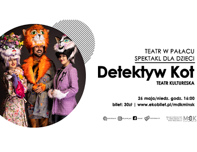 Po lewej stronie w kole mężczyzna i dwie kobiety w przebraniu. Na głowach mają czapki z kotów. Po prawej tekst.