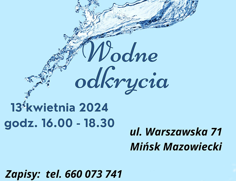 Tekst na niebieskim tle, na górze strumień wody. 