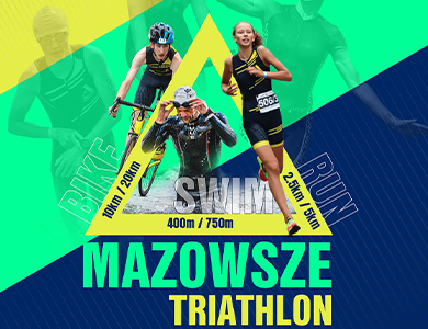 Niebiesko-zielono-żółta grafika. Na niej kolorowy tekst oraz trzy osoby w strojach sportowych uprawiające sport