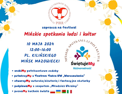 Na białym tle niebiesko-czerwony tekst. Naokoło mazaje niebiesko- żółte i białe kwiaty