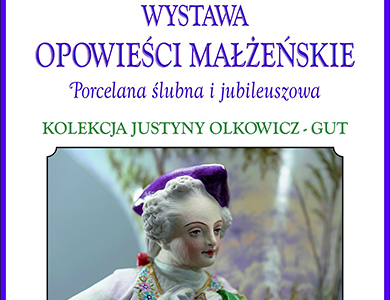 Na białym tle fioletowo-zielone napisy. Po środku zdjęcie porcelanowego chłopczyka. Fioletowa obramówka po bokach