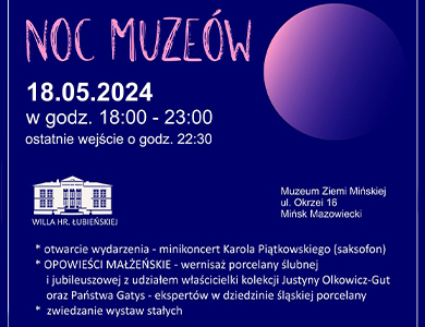 Na fioletowym tle treści. Po lewej rysunek muzem. W prawym-górnym rogu koło różnych odcieni fioletu