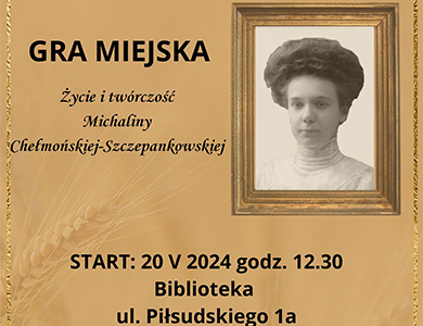 Na brązowym tle czarna treść. W prawym-górnym rogu portret kobiety