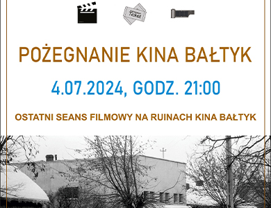 Czarno-białe zdjęcie budynków w zimie. Naokoło na białym tle informacje