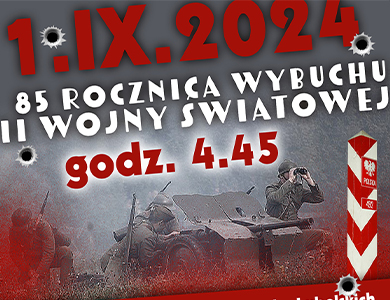 Na szaro-czerwonym tle informacje. W tle szare zdjęcie armaty i zołnierzy