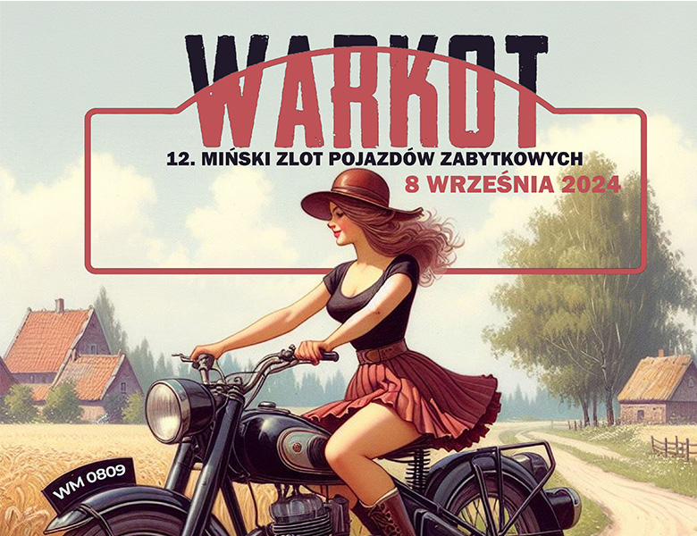 grafika z wizerunkiem dziewczyny w kapeluszu. Jedzie na motorze przez polną drogę. w tle pole i zabudowania.