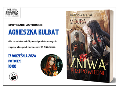 Po lewej na białym tle kolorowe napisy. Po środku w małym kole zdjęcie kobiety. Po prawej okładka książki z tytułem Żniwo