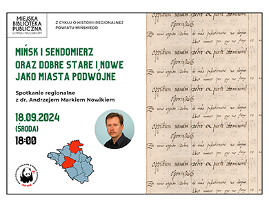 Po lewej na białym tle informacje, w małym kole zdjęcie mężczyzny, mapka z zaznaczonymi na czerwono miejscami. Po prawej na zapisana stara kartka