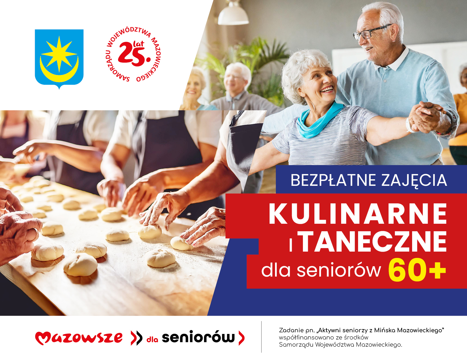 Na górze dwa zdjęcia gotujących rąk i tańczącej pary. Naokoło kolorowe informacje na tle niebiesko-czerwono-białym
