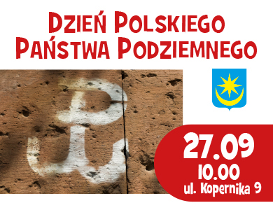 Wizerunek kotwicy na brązowym murze. Na górze napisy na białym tle.  