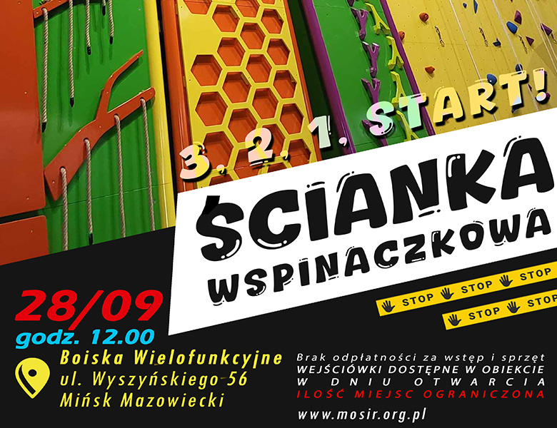 Kolorowa ścianka wspinaczkowa w otoczeniu kolorowych napisów na czarnym tle