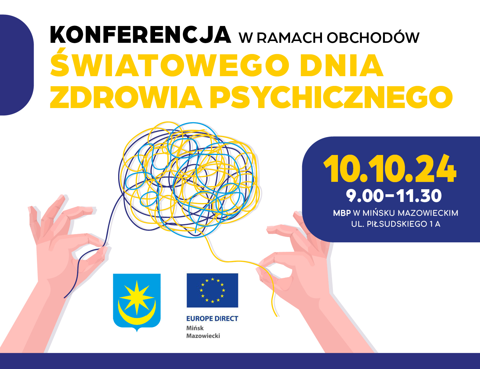 Na białym tle kolorowe informacje. Po środku dłonie trzymające sznurki zwieńczone kłębkiem