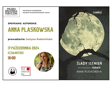 o lewej na białym tle informacje, w kole zdjęcie kobiety przemawiającej do mikrofonu. Po prawej okładka książki księżyc na tle gałęzi