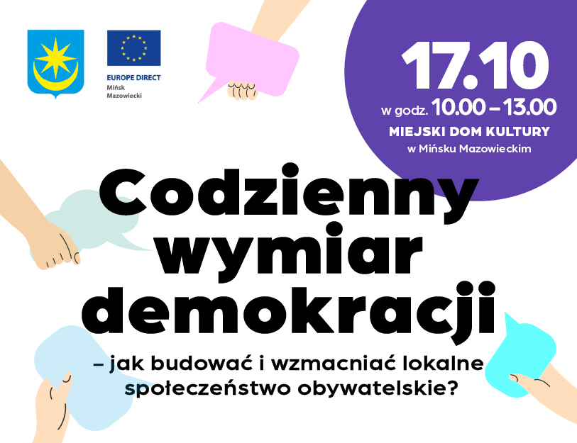Na jasnym tle informacje. Naokoło dłonie z pustymi notatkami. W lewym górnym rogu niebiesko-żółty herb miasta