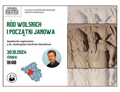 Po lewej na jasnym tle informacje. W kole mężczyzna z wąsem. Mapa z małym zaznaczeniem na czerwono. Po lewej dwa leżące posągi mężczyzn z brodami. Jeden biskup
