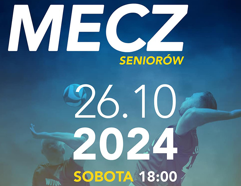 Na jasno-niebieskim i granatowym na górze tle informacje. W tle zdjęcie dwóch skaczących do piłki mężczyzn