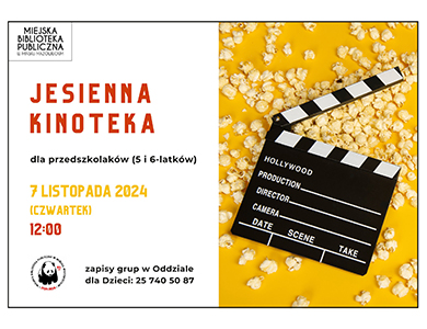 Po lewej na białym tle kolorowe informacje. Po prawej na żółtym tle popcorn, a na nim kinowy klaps