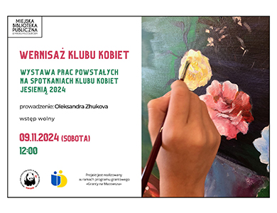 Po lewej na białym tle kolorowe informacje. Po prawej pędzel w dłoni. Rysunek kwiatów.