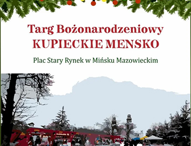 Na białym tle informacje oraz na dole kawałek rysunku. Na górze gałązki choinki z lampkami świątecznymi.