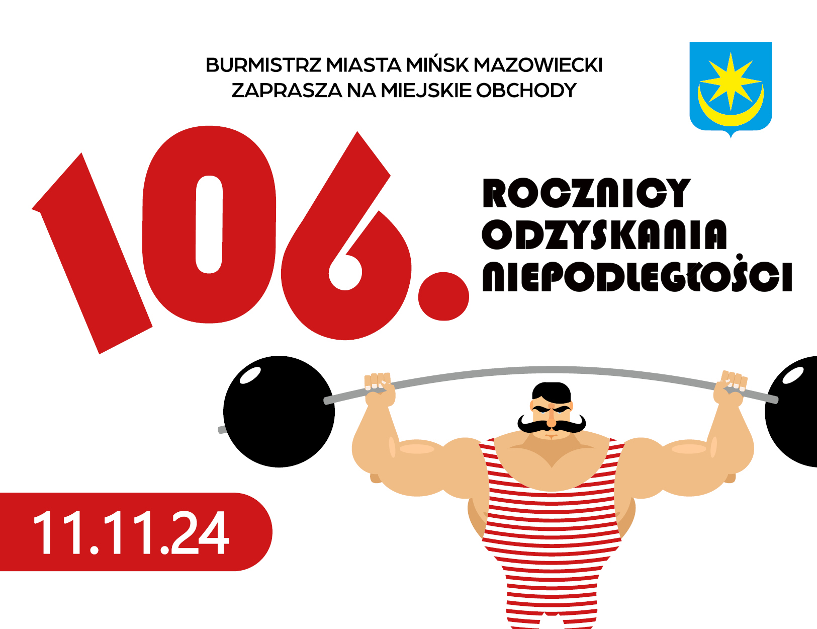 Na białym tle informacje. Na dole duży siłacz z czarnymi wąsami. Trzyma sztangę z czarnymi kulami.