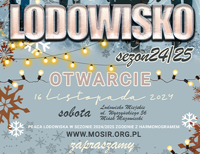 Na szarym tle inforamcje. Naokoło brązowe, białe, szare płatki sniegu