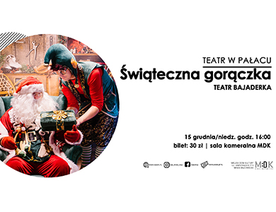 Po lewej w kole elf podaje prezent siedzącemu na zielonym fotelu mikołajowi, po prawej na białym tle informacje