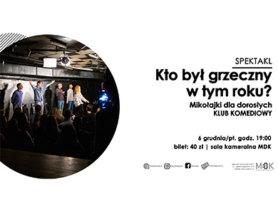 Po lewej w kole grupa ludzi na scenie przed widownią. Jeden mężczyzna wyciąga ręcę na boki. Po prawej na białym tle informacje