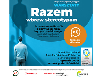Na niebieskim tle informacje. W lewym dolnym rogu stoi mężczyzna tyłem