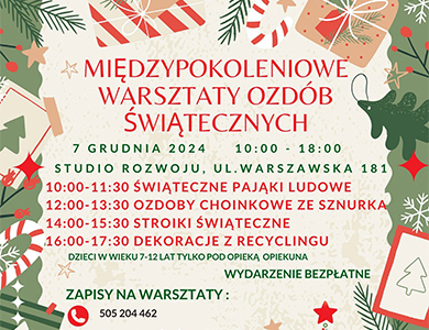 Na jasnym tle kolorowe informacje. Naokoło zielona obramówka. Na niej rysunki choinki, prezentów i ozdób choinkowych