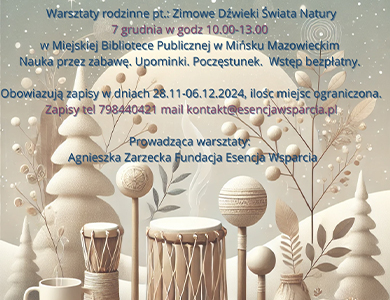 Na beżowym tle informacje oraz beżowe rysunki grzechotek, bębenka, misek. W tle beżowe gałązki 