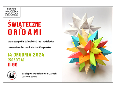 Na jasnym tle po lewej kolorowe informacje. Po prawej kolorowa kula origami