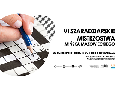 Po lewej w kole czarno-białe kratki. na białej kratce oparty ołówek. Po prawej na jasnym tle informacje