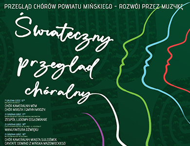 Na zielonym tle napis świąteczny przegląd chóralny. Po prawej kolorowe, z linii zarysy twarzy