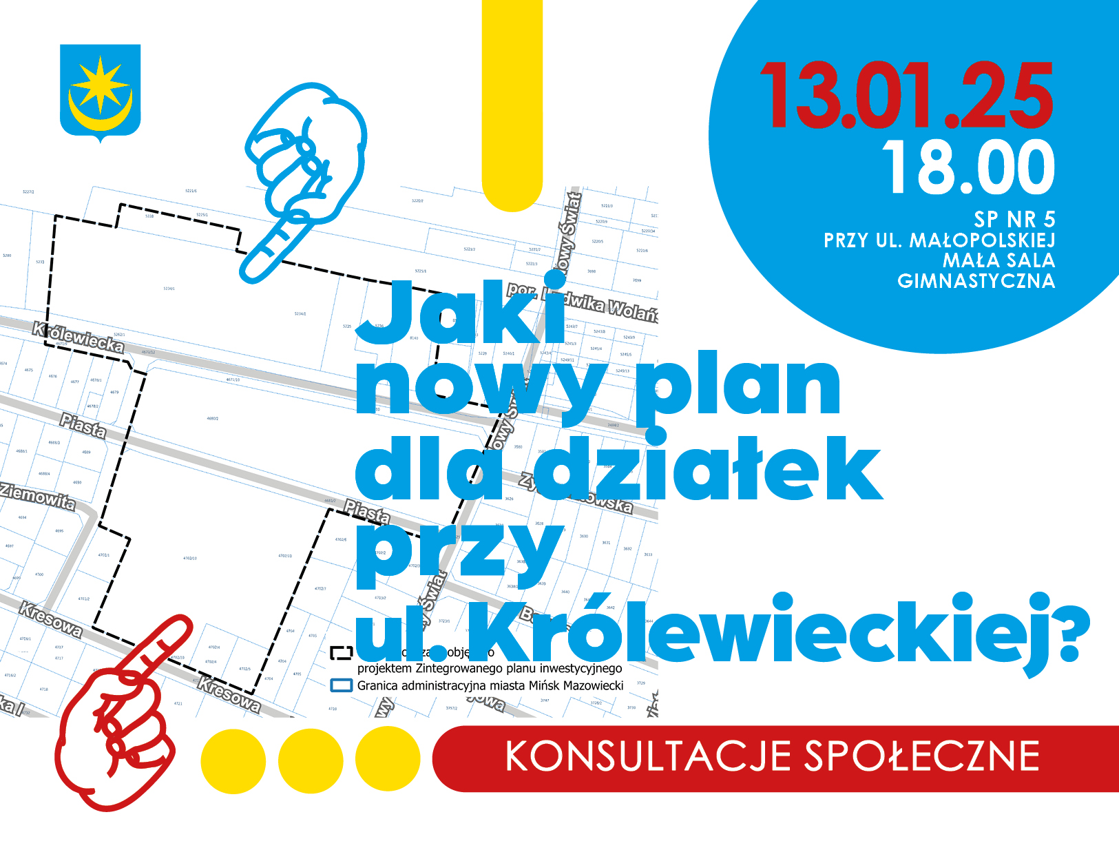 Na jasnym tle kolorowe informacje i wycinek mapy z zaznaczeniami