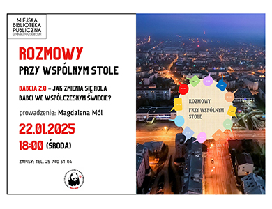 Po prawej miasto nocą. Po środku żółte kółko z kolorowymi dymkami naokoło. Po lewej czarno-czerwone informacje