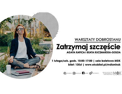Po prawej na białym tle informacje. Po lewej w kole zdjęcie medytującej kobiety