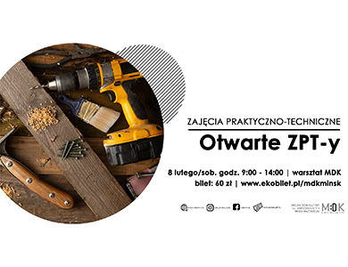 Po prawej na białym tle informacje. Po lewej w kole zdjęcie narzędzi, deski i gwoździ