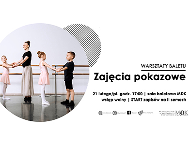 Po lewej w kole kobieta i trójka dzieci tańczą balet na sali baletowej. Po prawej na bialym tle informacje
