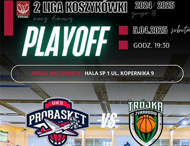 Na tle zdjęcia hali i rozgrywającego meczu informacje. Na dole na pasku loga