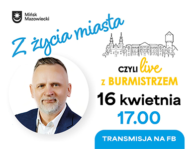 Na białym tle po środku zdjęcie mężczyzny. naokoło informacje. Po prawej rysunek budynków