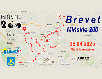 Wycinek mapy z zaznaczeniem na czerwono trasy rowerowej. Naokoło informacje i loga