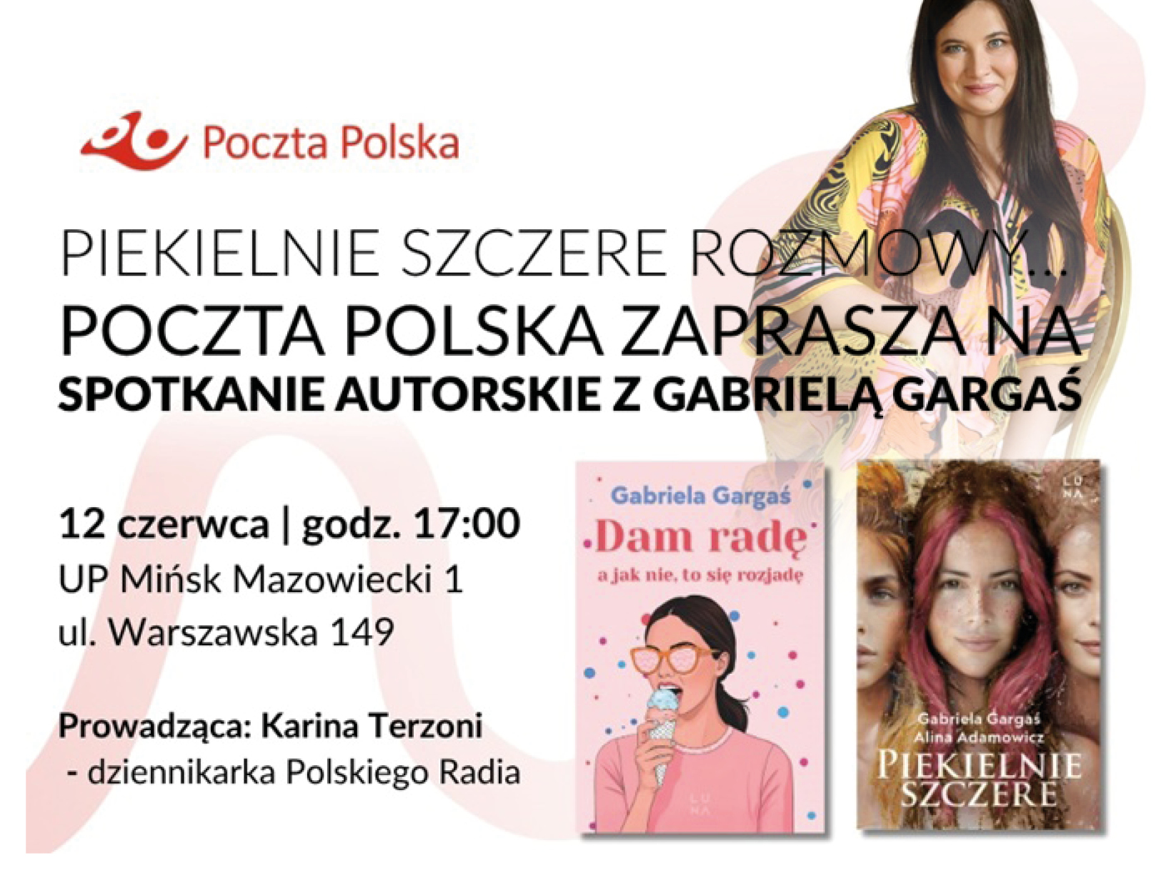 Na białym tle informacje. Po prawej siedzi uśmiechnięta kobieta. Po środku na dole dwie książki