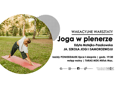 Po lewej w kole dzień, na trawie leży mata. na niej kobieta w pozycji bocznego skłonu, jedna dłoń do góry. Po prawej na białym treść.