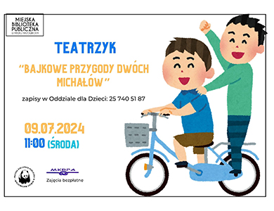 Na jasnym tle infrmacje. Po prawej rysunek dwoch usmiechniętych chłopców na rowerze