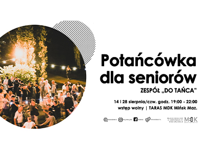 Po lewej w kole wieczorem przy blasku świecących, zawieszonych na sznurach lampek tańczą osoby. Po prawej na białym treść.