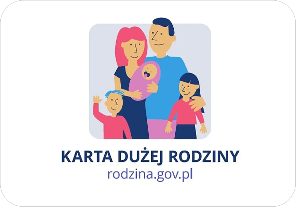 Wizerunek pięcioosobowej rodziny: kobiety trzymającej niemowlę, mężczyzny, chłopca i dziewczynki, wraz z napisem "KARTA DUŻEJ RODZINY" oraz adresem strony internetowej rodzina.gov.pl.
