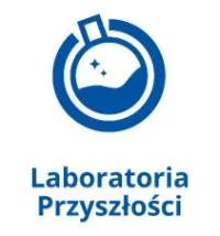 Niebieskie logo z okrągłym kształtem zawierającym symbol kolby laboratoryjnej i napisem „Laboratoria Przyszłości”.