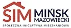 Logo SIM Mińsk Mazowiecki z czerwonym dachem nad nazwą i tekstem "Społeczna Inicjatywa Mieszkaniowa" poniżej.
