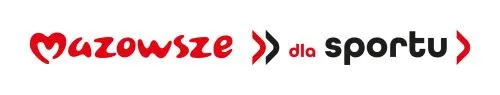 Logo z czerwonym napisem „Mazowsze” oraz czarnym napisem „dla sportu” z czerwonymi znakami strzałek po bokach.
