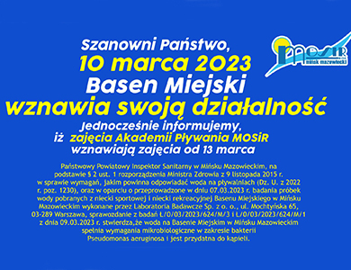 10 marca Basen Miejski wznawia swoją działalność